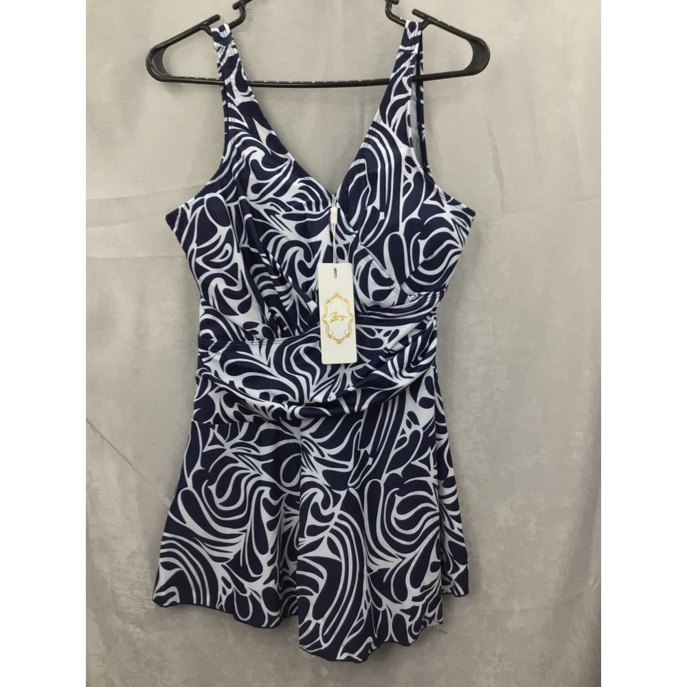 Women's 2-Piece Printed Swim Dress w/briefs bathing suit Navy XL By Zexxxy NWT